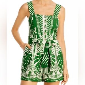 FARM Rio Green & White Tropical Print Button Front Romper 🌿